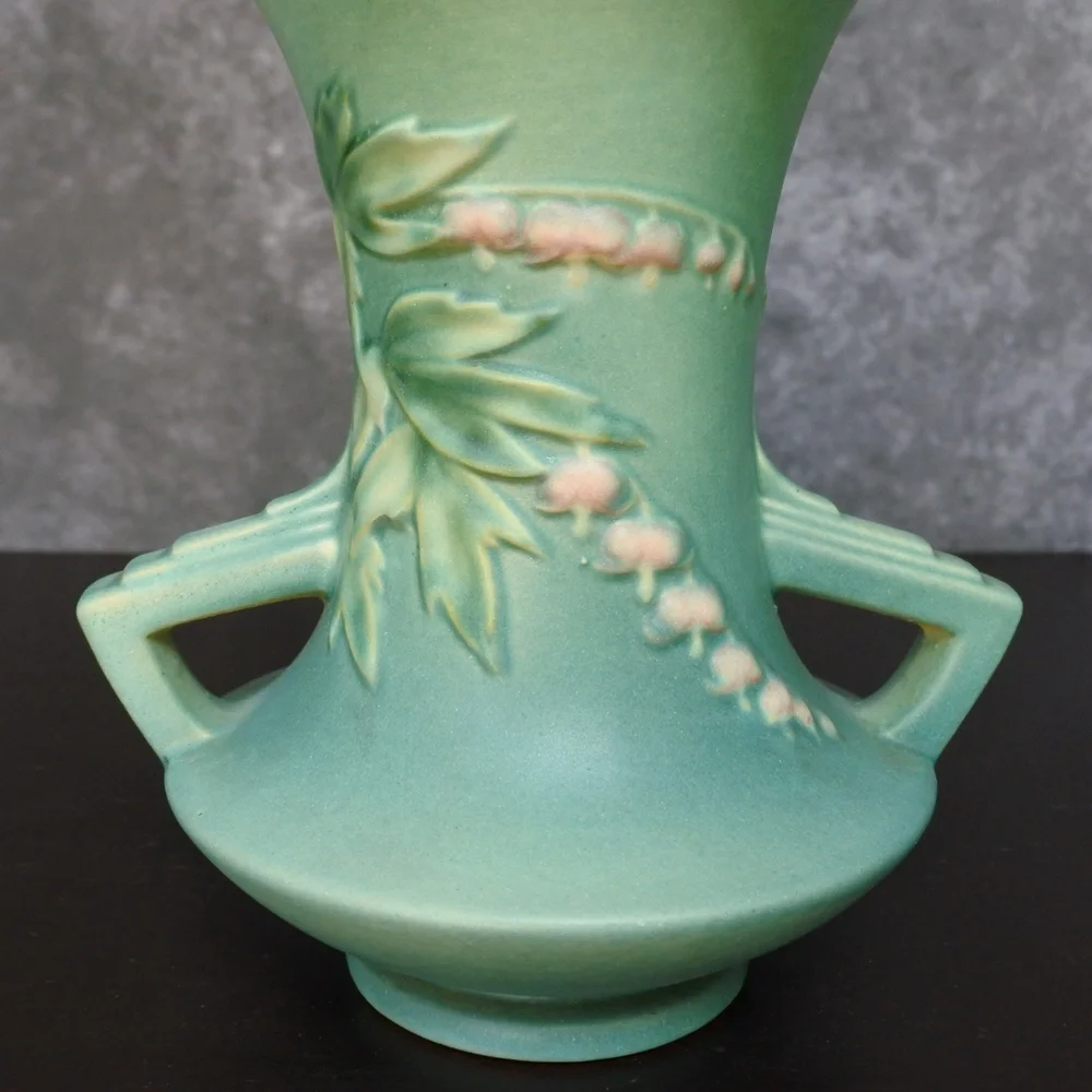 Vintage 1940s Roseville Pottery Bleeding Heart Pink Floral Green Vase 969-8 - Picture 3 of 9